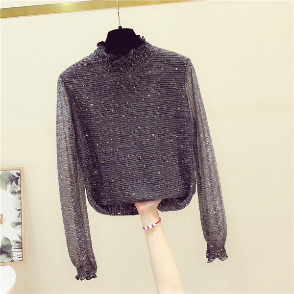 Moderni moteriška palaidinė aukšta apykakle ir blizgiu efektu