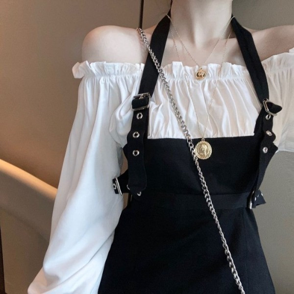 Moderna sieviešu īsā kleita ar garām piedurknēm un nolaižamām piedurknēm