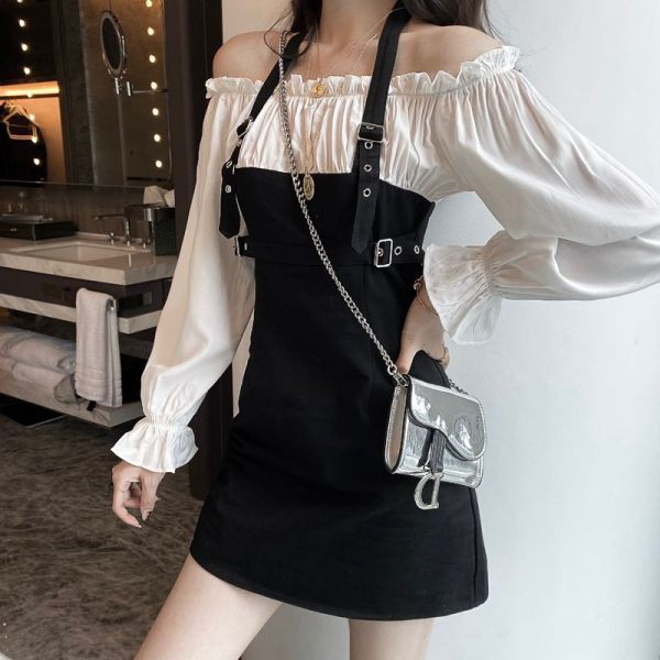 Moderna sieviešu īsā kleita ar garām piedurknēm un nolaižamām piedurknēm