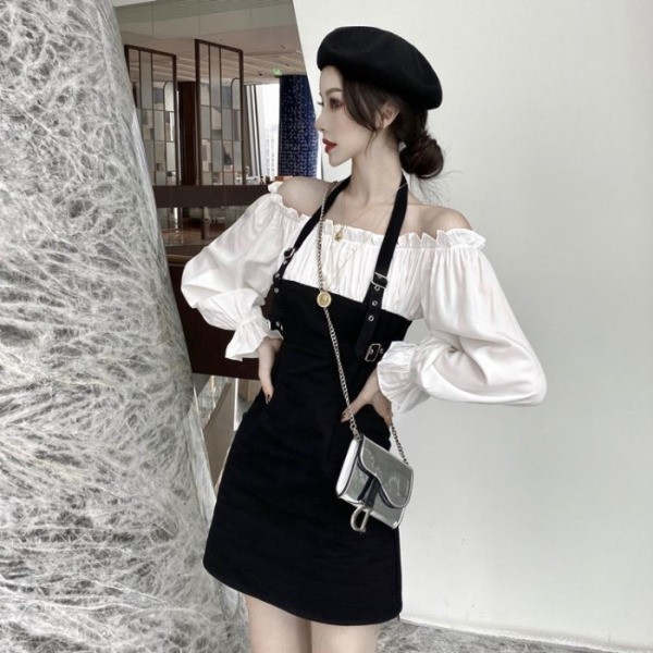 Moderna sieviešu īsā kleita ar garām piedurknēm un nolaižamām piedurknēm