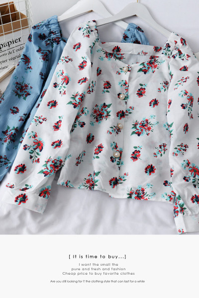 Pavasara sieviešu krekls ar ziedu rakstu, garām piedurknēm un pogām