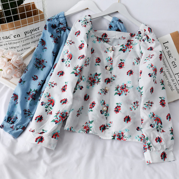 Pavasara sieviešu krekls ar ziedu rakstu, garām piedurknēm un pogām