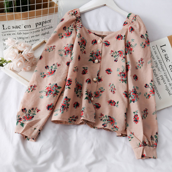 Pavasara sieviešu krekls ar ziedu rakstu, garām piedurknēm un pogām