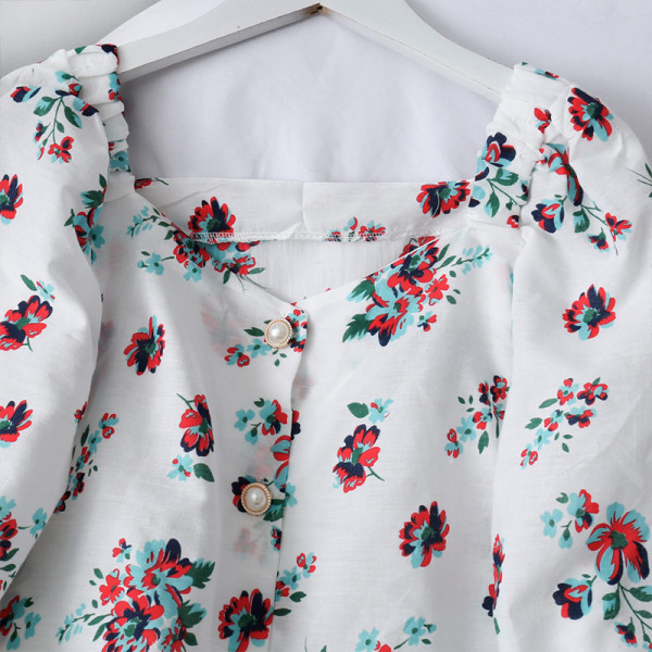 Pavasara sieviešu krekls ar ziedu rakstu, garām piedurknēm un pogām