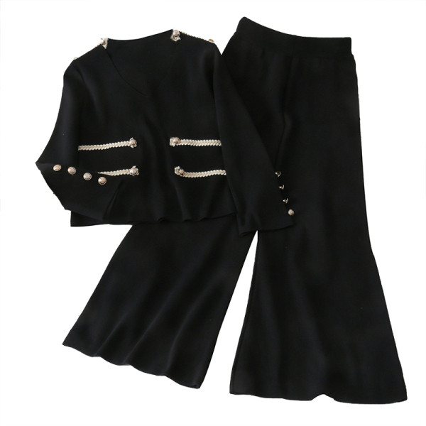 Naiste vabaaja õhukese kudumi komplekt, sealhulgas kampsun ja laiad püksid