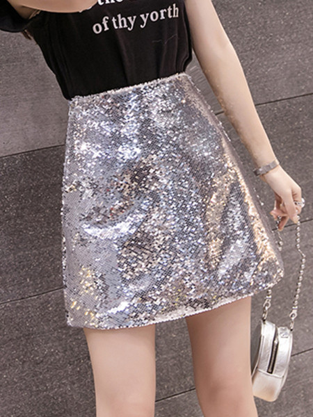 Stilingas moteriškas sijonas su blizgučiais ir aukštu juosmeniu