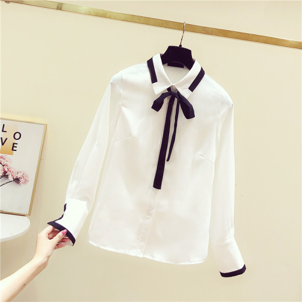 Дамска модерна риза с панделка на яката в бял цвят 