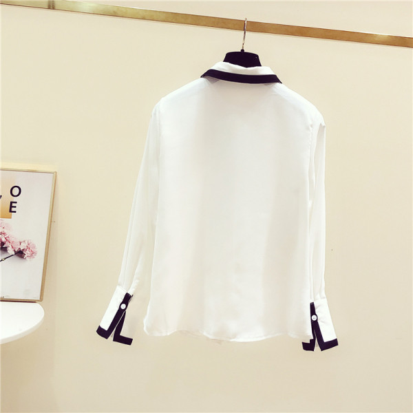 Дамска модерна риза с панделка на яката в бял цвят 