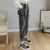 Alkalmi női széles farmernadrág zsebekkel és magas derékkal