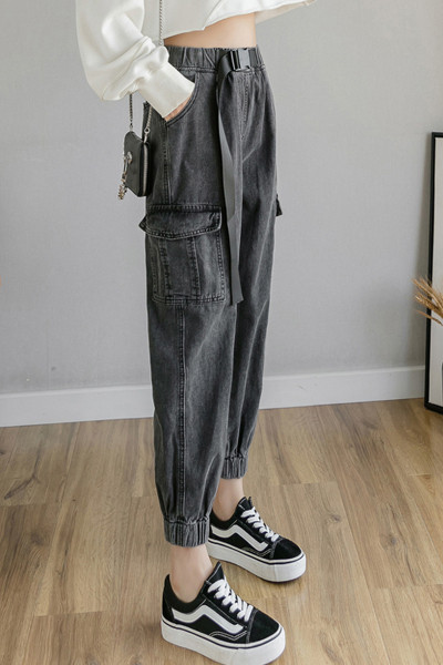 Alkalmi női széles farmernadrág zsebekkel és magas derékkal