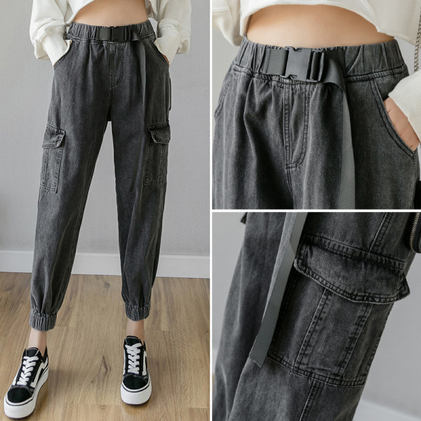 Alkalmi női széles farmernadrág zsebekkel és magas derékkal