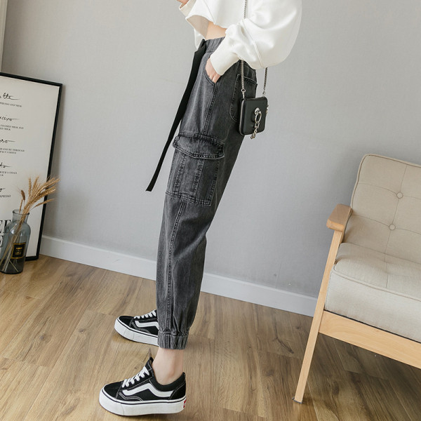 Alkalmi női széles farmernadrág zsebekkel és magas derékkal