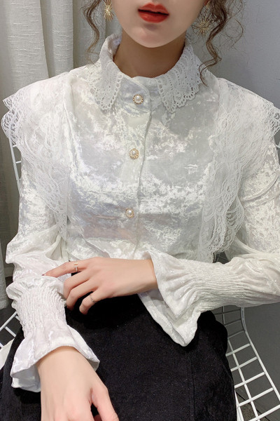 Стилна дамска риза от кадифе с дантела и копчета