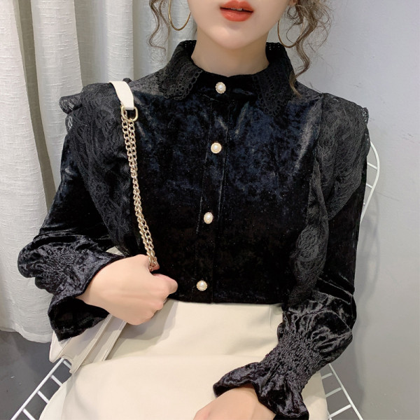 Стилна дамска риза от кадифе с дантела и копчета