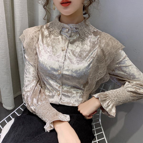 Стилна дамска риза от кадифе с дантела и копчета