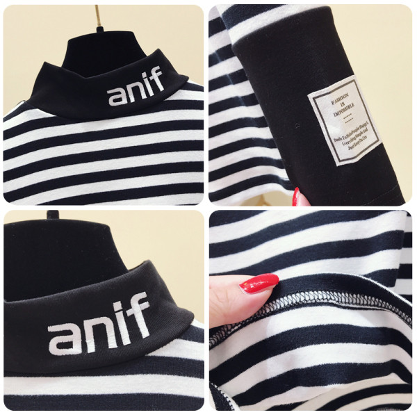 Csíkos női őszi blúz magas gallérral, fekete-fehér színben