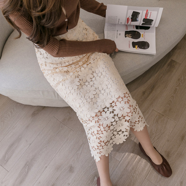 Moteriškas nėriniuotas sijonas elastingu juosmeniu