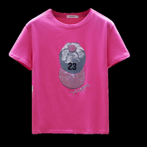 Värvilise aplikatsiooni ja ümara kaelusega naiste t-särk