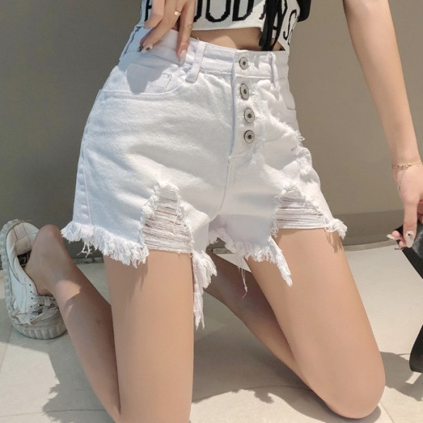 Trumpi moteriški džinsai su plėšytais motyvais ir aukštu juosmeniu