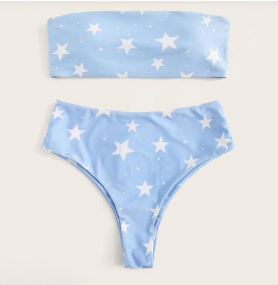 Divatos női kétrészes fürdőruha csillagokkal és magas derekú nadrággal