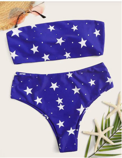 Divatos női kétrészes fürdőruha csillagokkal és magas derekú nadrággal