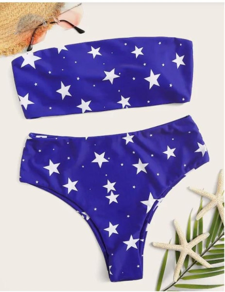 Divatos női kétrészes fürdőruha csillagokkal és magas derekú nadrággal