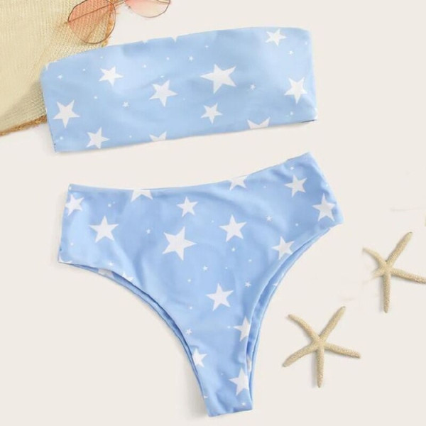 Divatos női kétrészes fürdőruha csillagokkal és magas derekú nadrággal