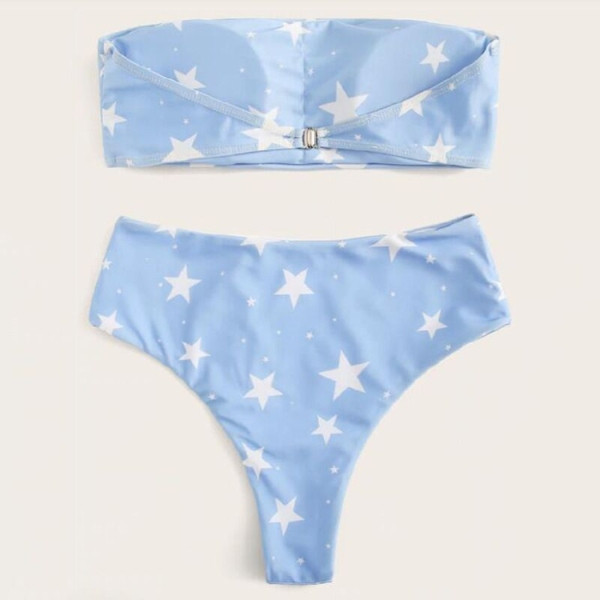 Divatos női kétrészes fürdőruha csillagokkal és magas derekú nadrággal