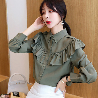 Ikdienas sieviešu pavasara krekls ar pogām un lokām