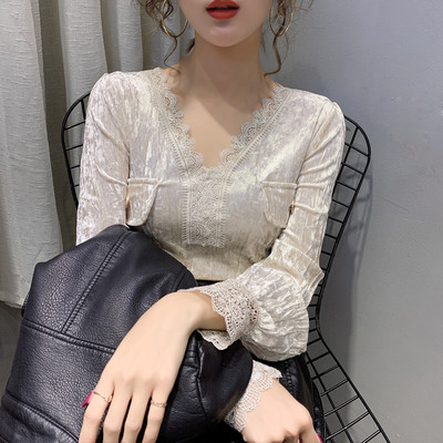 Női bársony tavaszi ing csipkével és spitz nyakkivágással