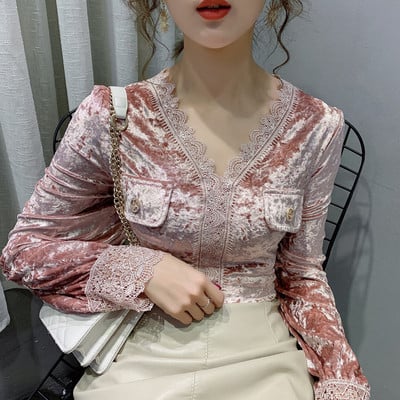 Női bársony tavaszi ing csipkével és spitz nyakkivágással