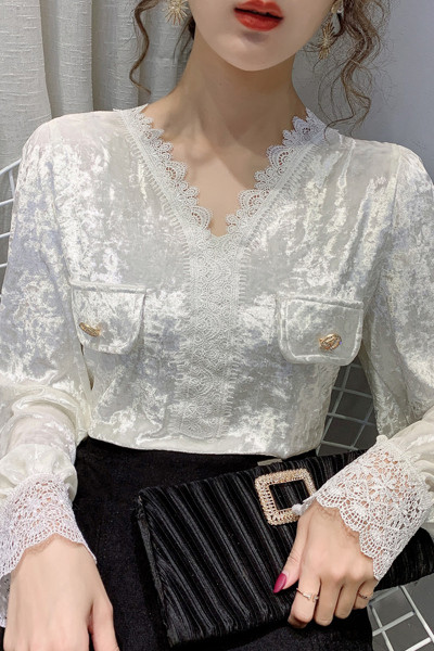 Női bársony tavaszi ing csipkével és spitz nyakkivágással