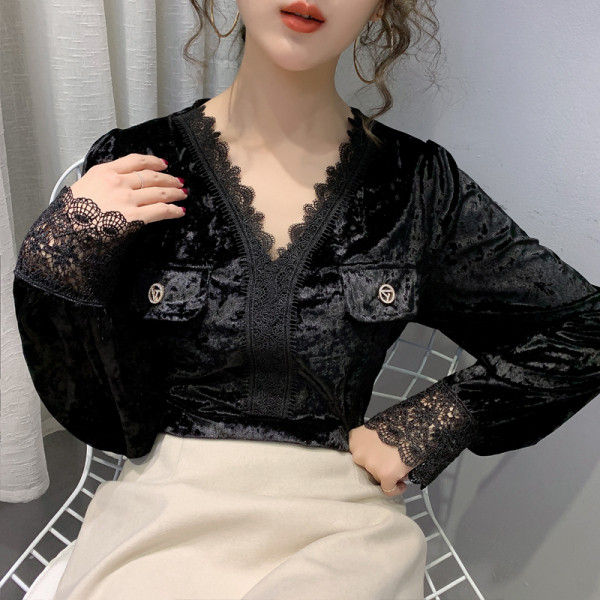 Női bársony tavaszi ing csipkével és spitz nyakkivágással