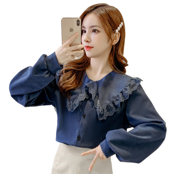 Cămașă casual de damă cu dantelă și panglică