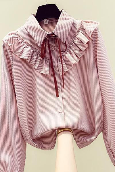 Sieviešu moderns svītrains krekls ar lokām un kaklasaites apkakli