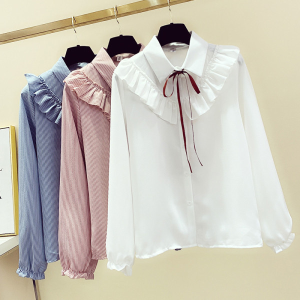 Sieviešu moderns svītrains krekls ar lokām un kaklasaites apkakli