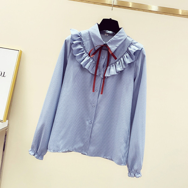 Sieviešu moderns svītrains krekls ar lokām un kaklasaites apkakli