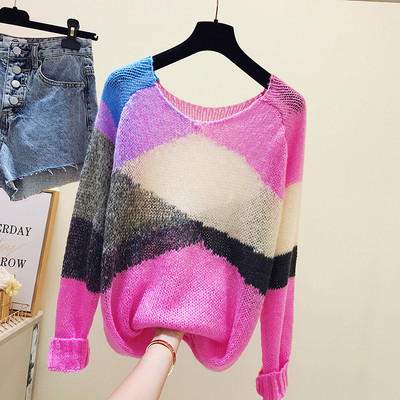 Sieviešu krāsains rudens-ziemas džemperis ar apaļu kakla izgriezumu