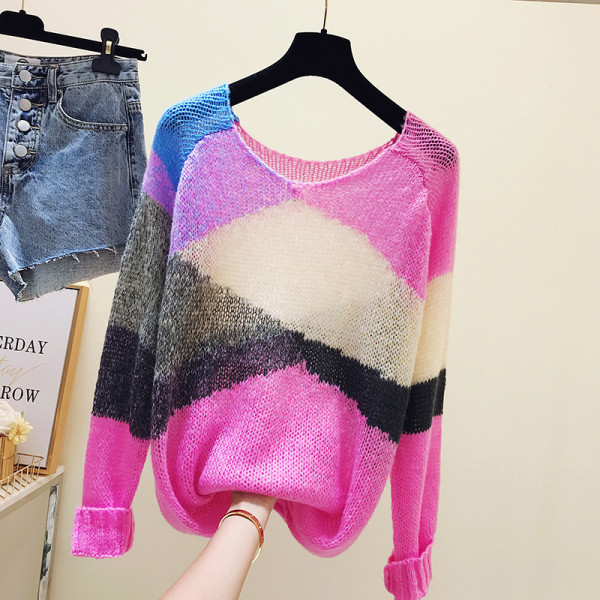 Sieviešu krāsains rudens-ziemas džemperis ar apaļu kakla izgriezumu