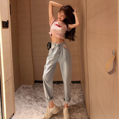 Model nou de blugi de dama de primavara cu motive rupte si talie inalta - model drept