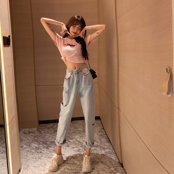 Model nou de blugi de dama de primavara cu motive rupte si talie inalta - model drept