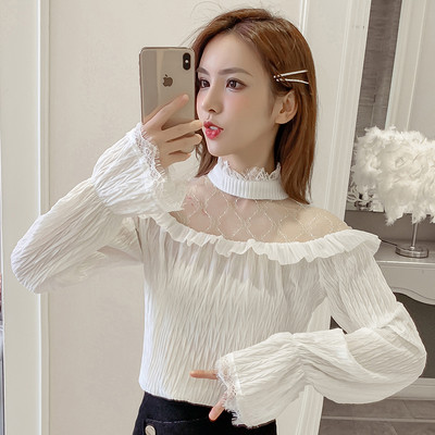 Moderna sieviešu kroku blūze ar mežģīnēm un pusaugstu apkakli