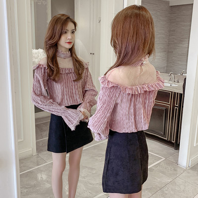 Moderna sieviešu kroku blūze ar mežģīnēm un pusaugstu apkakli