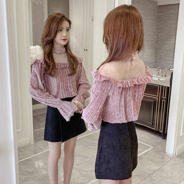 Moderna sieviešu kroku blūze ar mežģīnēm un pusaugstu apkakli