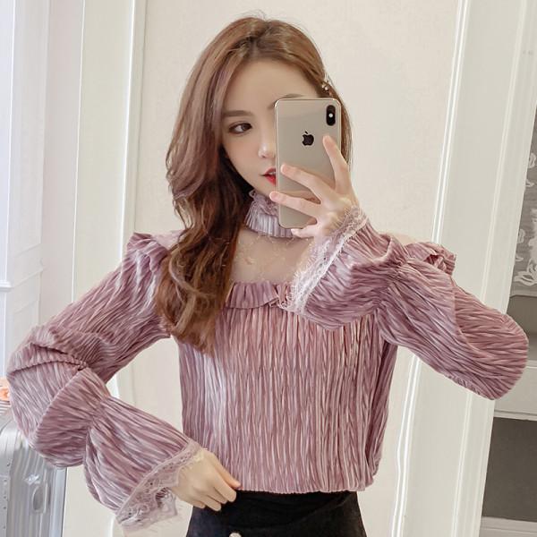 Moderna sieviešu kroku blūze ar mežģīnēm un pusaugstu apkakli