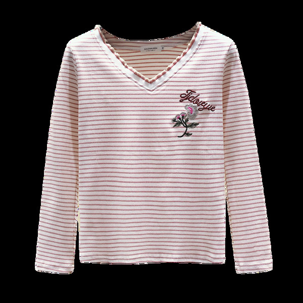 Csíkos női alkalmi blúz spitz nyakkivágással és színes hímzéssel