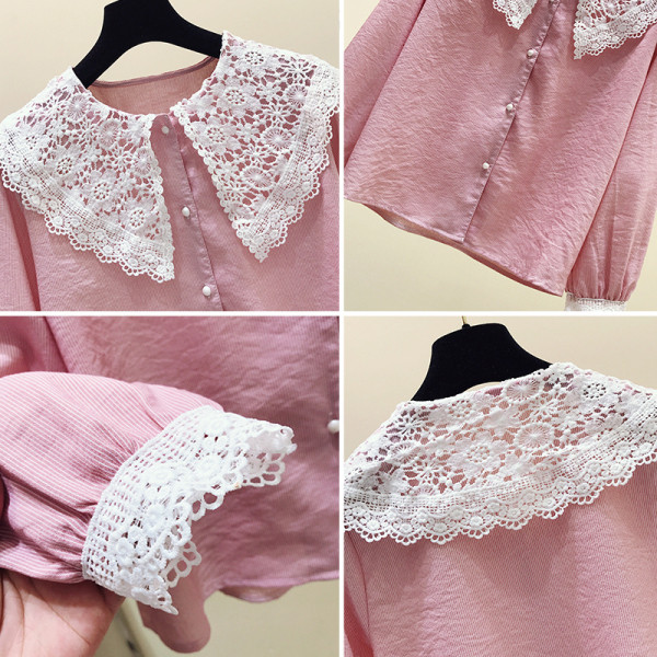 Retro stílusú női ing csipkével a gallérján és az ujjain