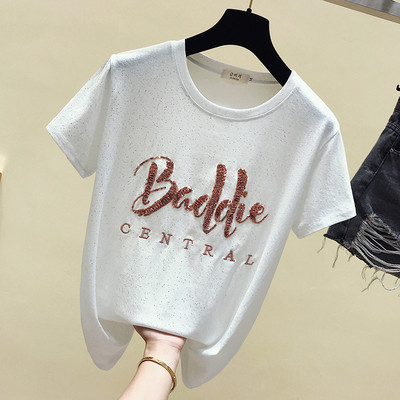 Sieviešu ikdienas t-krekls ar apaļu kakla izgriezumu un aplikācijām