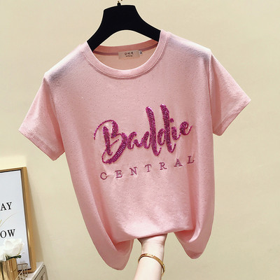 Sieviešu ikdienas t-krekls ar apaļu kakla izgriezumu un aplikācijām