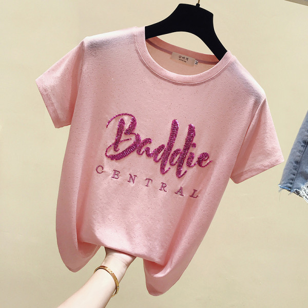 Sieviešu ikdienas t-krekls ar apaļu kakla izgriezumu un aplikācijām